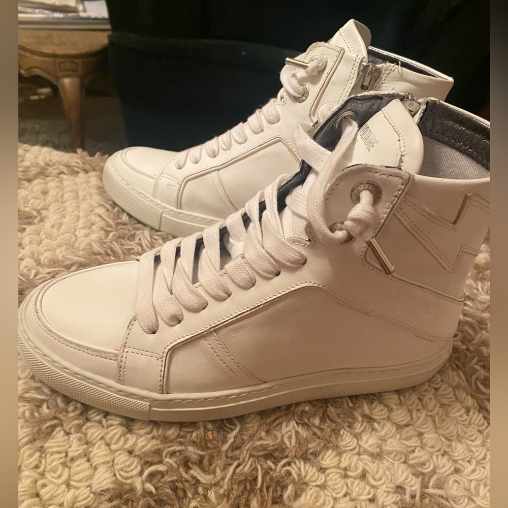 Zadig & Voltair white HIGH FLASH sneakers lightning bolt 100% leather top 38